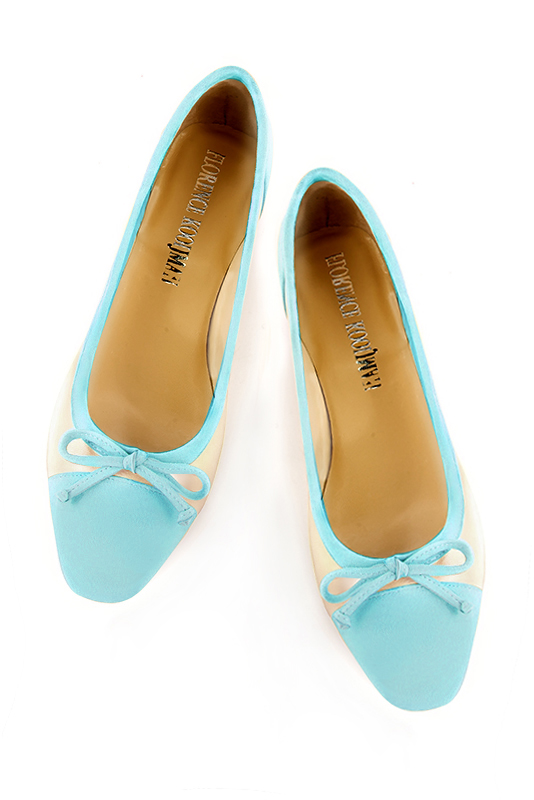 Aquamarine blue and gold women's ballet pumps, with low heels. Square toe. Flat flare heels. Top view - Florence KOOIJMAN